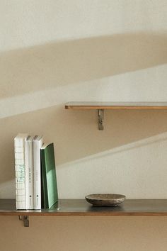 a shelf with books and a bowl on it