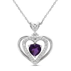 A stunning heart-shaped amethyst glimmers at the center of this sentimental necklace for her. A heart-shaped frame of sparkling white lab-created sapphires encircle the center, and a sterling silver frame envelopes that frame. A white lab-created sapphire glistens above to finish the look. The pendant is fashioned in sterling silver and sways from an 18-inch cable chain, which secures with a lobster clasp. Elegant Heart Cut Birthstone Necklace, Formal Heart Cut Birthstone Necklace, Purple Heart Cut Necklace For Valentine's Day, Purple Heart Necklace For Valentine's Day Anniversary, Anniversary Amethyst Heart Necklace, Elegant Purple Heart Pendant Necklace, Heart Cut Amethyst Necklace For Anniversary, Heart Cut Amethyst Necklaces For Anniversary, Amethyst Heart Cut Necklace For Anniversary