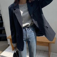 Blue Pinstripe Button Up Outfit, Striped Navy Blazer Outfit, Navy Blue Striped Blazer Outfit, Striped Jacket Outfit Blazers, Pinstripe Blazer Outfit Woman, Grey Pinstripe Blazer Outfit, Blue Blazer Women Outfit, Blue Striped Blazer Outfit, Navy Pinstripe Blazer Outfit Women