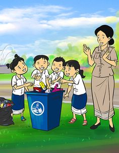 a group of people standing around a trash can