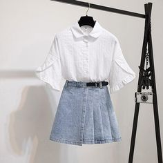 Fashion Blouse+denim Pleated Skirt P11509 Casual Pleated Short Sleeve Blouse, Casual Short Sleeve Pleated Blouse, Chic Summer Pleated Denim Skirt, Casual Pleated Denim Skirt For Spring, Relaxed Fit Denim Skirt For Summer Day Out, Summer Relaxed Fit Denim Skirt For Day Out, Summer Pleated Denim Skirt, Casual Pleated Relaxed Fit Blouse, Casual Pleated Tops For Day Out