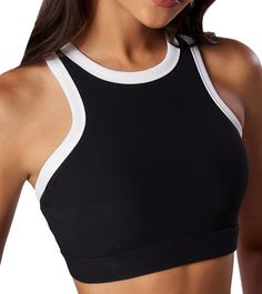 PRICES MAY VARY. 75% Nylon, 25% Spandex Imported Pull-On closure 【Sports Bra with Padding】Use the ribbed fabric, the crop top workout shirt for women is soft, elastic, breathable, lightweight 【Features】 Sleeveless yoga top, high neck sports bra, white and black colorblock, elastic band, removable pads 【Back Design】 Racerback sports bra ensure the freedom of your movement, offers you charming back look 【Bulit in Bra】 Built in shelf bra with removable pads for the overall support and convenient ad Sporty Crew Neck Crop Top For Workout, Versatile Racerback Training Top, Versatile Racerback Tops For Training, Ribbed Crew Neck Sports Tank Top, Cropped Moisture-wicking Activewear For Light Exercise, Sportswear Crop Top With Crew Neck For Gym, Moisture-wicking Sporty Crew Neck Crop Top, Sporty Moisture-wicking Crew Neck Crop Top, Sporty Crew Neck Crop Top For Gym