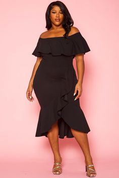 Black Ruffled Off Shoulder High Low Plus Size Dress Solid Color Ruffled Midi Dress For Night Out, Solid Ruffled Midi Dress For Night Out, Solid Midi Dress With Ruffles For Night Out, Solid Color Midi Dress With Ruffle Hem For Party, Flirty Black Midi Dress With Ruffles, Solid Color Evening Midi Dress With Ruffles, Evening Solid Color Midi Dress With Ruffles, Solid Color Midi Dress With Ruffles For Evening, Black Off-shoulder Midi Dress With Ruffles