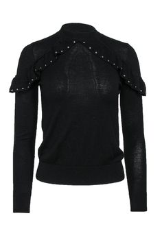 Current Boutique-Kate Spade - Black Ruffle Wool Sweater w/ Studs Sz XXS Winter Ruffle Top For Night Out, Ruffled Top For Night Out In Winter, Ruffled Tops For Winter Night Out, Black Ruffled Sweater For Winter, Gothic Winter Sweater, Sleeve Ruffles, Petite Fashion Tips, Wool Pullover, Mock Turtleneck