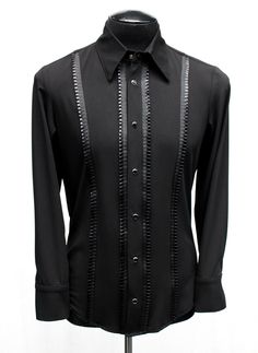 Shrine of Hollywood TUX SHIRT - BLACK w/ BLACK TRIM black dress shirt Men's Shirts shirt tux Black Fitted Sleek Shirt, Black Fitted Formal Shirt, Luxury Black Business Shirt, Tailored Black Top For Evening, Black Fitted Shirt For Semi-formal Occasions, Luxury Black Formal Tops, Classic Black Formal Tops, Sleek Black Semi-formal Tops, Classic Fitted Black Shirt