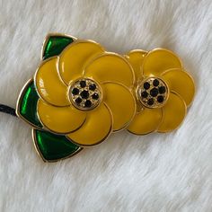 Gold Tone Yellow And Green Enamel With Black Rhinestones Flower Brooch. Nwt Excellent Condition High Quality Great Add To A Scarf, Top Or Any Other Wardrobe Or Accessories That Need A Little Accent To It. Elegant Yellow Flower Brooches, Yellow Enamel Flower Shaped Jewelry, Yellow Flower-shaped Enamel Jewelry, Scarf Top, Enamel Flower, Yellow And Green, Green Enamel, Black Rhinestone, Flower Brooch