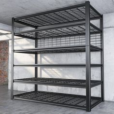 an empty metal shelving unit in a room with brick wall and concrete flooring