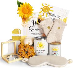 an assortment of items that include sunflowers, mitts, and eyeglasses