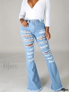 Bjux - Chic Distressed High-Waist Bell Bottom Jeans in Blue with Raw Hem and Ripped Holes - Womens Denim Collection Ripped Fitted Flare Cotton Jeans, Fitted Ripped Cotton Flare Jeans, Ripped Stretch Flare Jeans For Summer, Fitted Cotton Ripped Flare Jeans, Summer Ripped Stretch Flare Jeans, Casual Denim Bottoms With Distressed Detail, Casual Denim Bottoms With Holes, Ripped Fitted Flare Jeans For Summer, Blue Distressed Stretch Flare Jeans