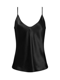 A beautiful camisole in lustrous black silk charmeuse. Bias cut softly drapes and enhances the figure. Includes front-and-back V-necklines and adjustable spaghetti straps. Perfect on its own or as a base layering piece. 100% Silk. | L'AGENCE Lexi Silk Camisole In Black Pre Fall Collection, Black Camisole, Silk Camisole, Gray Silk, Tank Top Camisole, Silk Charmeuse, Running Tops, Black Handle, Ulla Johnson