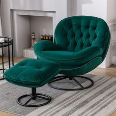 a green chair and ottoman in front of a fireplace