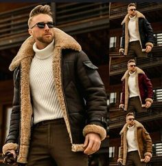 Great Shopping Men's RAF B3 Pilot Winter Fur Lapel Collar Shearling Sheep Leather Bomber Jacket, Mens Coats Jackets Mens Shearling Coat, Tactical Design, Stylish Leather Jacket, Warm Jackets, Tactical Jacket, Fur Collar Coat, Fur Fabrics, Collared Coat, Warm Jacket