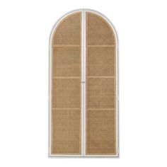 an arched window with wicker panels on the side and white frame, isolated against a white background