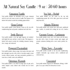 the menu for an all natural soy candle