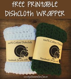 two crocheted dishcloths with the text free printable dishcloth wrapper