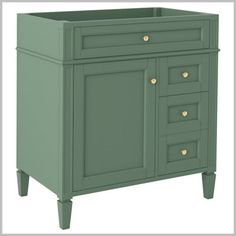 a green cabinet with gold knobs on the doors and drawers is shown in front of a white background