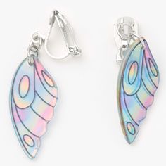 Silver 1" Pastel Holographic Butterfly Wing Clip On Drop Earrings | Claire's US Clip Earrings Claire's, Butterfly Outfit, Holographic Butterfly, Claires Earrings, Pastel Butterfly, Gold Fox, Fake Earrings, Magnetic Earrings, Floral Studs