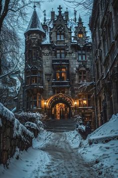 an old building with snow on the ground and stairs leading up to it in front of trees