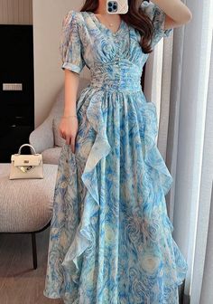 Size chart (CM) size Length Bust Waist Sleeve Shoulder S 125 88 68 27 35 M 126 92 72 27 36 L 127 96 76 27.5 37 XL 128 100 80 27.5 38 Sleeve Style: Puff SleeveNeckline: V-NeckDecoration: RUFFLESStyle: BohemianMaterial: PolyesterClosure Type: zipper The Starry Night, Dress Women Elegant, Chiffon Ruffle, Party Dress Long, The Divine, Vintage Painting, Party Dresses For Women, Fancy Dresses, Modest Outfits