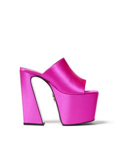 Our Harlo Platform Mule in Hot Pink Satin with Signature B Logo Hot Pink Platform Heels, Platforms Boots, Brandon Blackwood, Beautiful Slippers, Shoes Slides, Denim Heels, Strappy Leather Sandals, B Logo, Rose Shoes