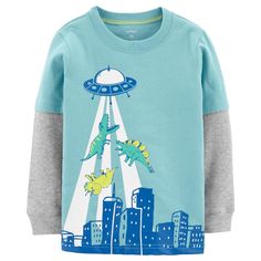 Long, Layered Sleeves Ribbed Cuffs & Neckline Screen-Printed Ufo, Dinosaur And Building Graphics Fabric & Care 100% Cotton Ring Jersey Imported Machine Washable Layered Sleeves, Carters Baby Boys, Carters Baby, Layered Look, Dinosaurs, Blue Gray, Kids Shirts, Fabric Care, Blue Grey