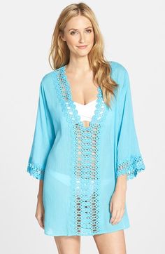 La Blanca Crochet Trim Cover-Up available at #Nordstrom Lightweight V-neck Cover-up For Beachwear, Spring Beachwear Cover-up With Open Knit, Spring V-neck Pool Cover-up, Bohemian Summer Cover-up With Crochet Trim, Bohemian Lightweight Cover-up For Beach Party, V-neck Beach Dress With Lace Trim, Spring Beach Party Cover-up With Crochet Trim, Summer V-neck Unlined Cover-up, Unlined V-neck Cover-up For Vacation