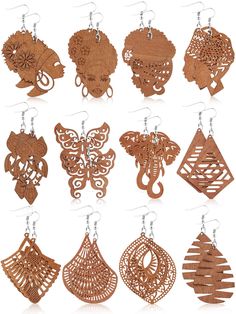 PRICES MAY VARY. Enough quantity: you will get 12 pairs of African wooden dangle drop earrings in different styles, sufficient quantity can satisfy your daily wearing and matching needs, you can share them with your friends and family members Rich in styles: the bohemian wood drop earrings are decorated with pendant charms of different shapes, hollowed designs and natural wood color make them full of African ethnic flavor, beautiful and eye-catching Comfortable to wear: the boho pendant dangle e Boho Drop Earrings, Laser Cut Wood Earrings, African Earrings, Boho Pendant, Earrings Bohemian, Stylish Earring, Wooden Pendant, Diy Crafts Jewelry, Gifts For Your Mom