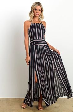 Cute Striped Maxi Dress Black Flowy Rayon Maxi Dress, Chic Black Rayon Dress, Black Rayon Maxi Dress For Spring, Fitted Black Rayon Maxi Dress, Lined Black Maxi Dress For The Beach, Black Lined Maxi Dress For The Beach, Chic Black Rayon Maxi Dress, Black Summer Maxi Dress With Smocked Back, Black Bohemian Maxi Dress With Smocked Back