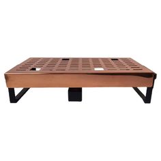 a coffee table that is made out of metal and wooden slatted with black legs