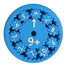 a blue plastic clock with white numbers on it