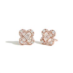 Diamond Clover Stud Earrings in 14K Gold, Round and Baguette Diamonds Rose Gold Diamond Earrings With Baguette Diamonds, Fine Jewelry Rose Gold Baguette Diamond Earrings, Rose Gold Baguette Diamond Earrings, Rose Gold Baguette Diamond Earrings For Anniversary, Luxury Rose Gold Earrings With Baguette Diamonds, Luxury Rose Gold Baguette Diamond Earrings, Baguette Pendant, Baguette Earrings, Gem Drawing