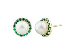 7-7.5mm Round White Freshwater Pearl and Emerald 10K Yellow Gold Halo Stud Earrings with Push Backings Green Round Pearl Earrings For Formal Occasions, Green Pearl Earrings For Formal Occasions, Green Round Classic Pearl Earrings, Halo Stud Earrings, Halo Earrings Studs, Gold Halo, White Freshwater Pearl, 7 And 7, Fresh Water