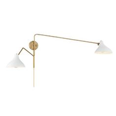 This 2-light adjustable wall sconce showcases curving vintage-inspired shades on long, dramatically angled arms and is finished in a stylish pairing of white or black with natural brass. Max 60 watts per bulb, standard size A19 bulbs recommended. LED bulb compatible. Can be hard-wired or plugged in. Finish: White, Shade Color: White Joss And Main, Garden Lighting, White White, Lighting Fixtures, Wall Sconces, Size 20, Led Bulb, Vintage Inspired, Wall Lights