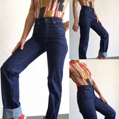 "Vintage denim pants - J.A.J.Westland Made in France 1960's Authentic straight cut jean from the 60s. Thick dark blue denim with yellow stitch. 5 pockets High waist. Five Star button and YKK zipper. Brand label on the right back pocket. In perfect condition. Deadstock item. Material: 100% cotton Size: No label Estimated size: EU 34/36 - US 25/26 Our model wears usually a size S (US 26/27) and measures 170cm/66,9\". Please take into account measurements! Measures taken flat : Waist: 33cm - 12,9\" Retro Fitted Straight Leg Jeans, Retro High Waist Bottoms With Five Pockets, Retro Fitted High Waist Jeans, Retro High Waist Fitted Jeans, Retro High Waisted Bottoms With Five Pockets, Retro Fitted Jeans In Rigid Denim, Retro Fitted Rigid Denim Jeans, Retro High Rise Jeans In Rigid Denim, Retro High Rise Rigid Denim Jeans