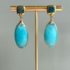 New Elegant Double Drop Earrings With Two-Tone Stones Set In 14k Gold Plate. Perfect For Everyday, A Special Occasion, Or A Gift. Truly One Of A Kind! 2 Color Options Available. - Turquoise And Aqua Chalcedony Stones - 14k Gold Plate - Post Back - 1.75”L - Designer: Janna Conner - Handmade In Los Angeles - New Without Tags - One Of A Kind Luxury Aquamarine Blue Earrings, Luxury Blue Aquamarine Earrings, Elegant Faceted Turquoise Earrings, Elegant Turquoise Faceted Earrings, Blue Oval Earrings With Natural Stones, Chalcedony Stone, Earrings Turquoise, Aqua Chalcedony, Turquoise Jewelry