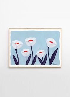 a painting of white flowers on a blue background