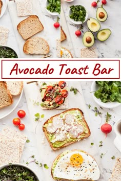 an avocado toast bar with eggs, tomatoes, lettuce and other toppings