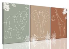 three canvases with animals on them in different colors and sizes, one has a giraffe, the other is an elephant