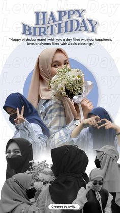 an advertisement for a birthday party with women in hijabs and headscarves