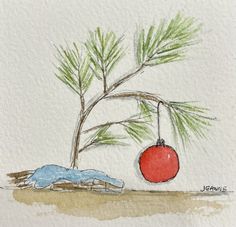 a drawing of a christmas ornament hanging from a tree branch with a sleeping person under it