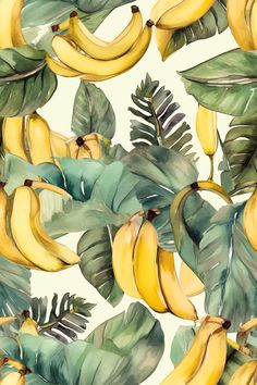 watercolor painting of banana's and leaves on a white background with green foliage