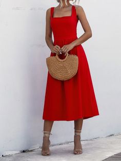 Details:    25% OFF All Site Promo Now. Plus   Extra10% OFF   1st Order. Free Shipping $70. Free Exchange & Easy Returns.    The   slinky ruched back midi      dress       features wide tie-up straps,Stretchy ruched detailing on back for elastic waist fitting, flare dress for thick thighs, scrunch waist and wide straps.    Flowy midi      dress       is classic for trips, clubs, parties, cocktails, dances and dates.   Material: 30% Tussah Silk & 70% Polyester Color: White/Black/Red Size Details: Size S:  Bust 92 cm, Waist 70-82 cm, Length 116 cm; Size M: Bust 96 cm, Waist 74-86 cm, Length 117 cm; Size L:  Bust 100 cm, Waist 78-90 cm, Length 118 cm; Size XL:  Bust 104 cm, Waist 82-94 cm, Length 119 cm; Design: Ruched Bust, Elastic Fitting, Wide Straps, Ruched, Scrunched Back, Smocked, Midi Fae Dress, Red Dresses, Backless Maxi Dresses, Midi Dress Sleeveless, Look Chic, Knee Length Dress, Simple Dresses, Elegant Dresses, Square Neck