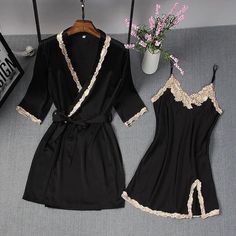 Fitted Black V-neck Sets, Black Long Sleeve Summer Sleepwear, Black Fitted V-neck Sets, Fitted Satin Set For Wedding Night, Black Stretch V-neck Sleepwear, Elegant Night Sets, Elegant Fitted Sets For Night, Elegant Fitted Night Sets, Fitted Satin V-neck Robe