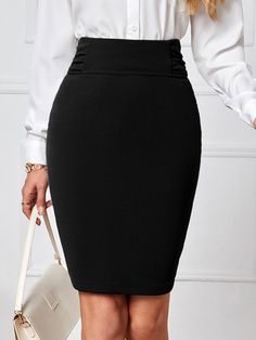 Black Elegant Collar  Polyester Plain Pencil Embellished Medium Stretch Spring/Summer Women Bottoms Black Work Skirt Outfit, Black Skirt Medium Length, Black Medium Skirt Outfit, Black Skirt Knee Length, Classy Skirt Outfits Professional Women, Styling Pencil Skirt, Black Pencil Skirt Outfits, Plain Skirt Outfit, High Waisted Pencil Skirt Outfit