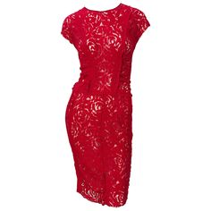 Beautiful early 2000s vintage NINA RICCI lipstick red lace dress! Features a semi sheer tailored bodice that stretches to fit. Short sleeves are perfect for any time of year. Knit panels at each side on the back. Hidden zipper up the back with hook-and-eye closure. Couture quality with heavy attention to details. The perfect alternative to the little black dress. This beauty will definitely earn you the title, ' Lady in Red ' ! A timeless addition to any wardrobe. In great condition. Made in Fra Red Fitted Sleeveless Lace Dress, Red Sleeveless Fitted Lace Dress, Red Fitted Lace Dress Sleeveless, Red Lace Dress With Lace Trim For Evening, Elegant Red Lace Dress With Scalloped Lace, Fitted Red Lace Dress Elegant Style, Elegant Red Fitted Lace Dress, Red Fitted Lace Dress With Scalloped Edges, Red Fitted Lace Dress With Scalloped Lace