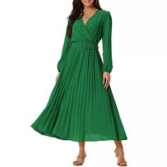 Women's Spring Fall Long Sleeve Wrap V Neck Flowy Ruffle Pleated Midi Dress With Belt Jumpsuit Damen Elegant, Wedding Guest Dresses Long, Green Bridesmaid, Long Midi Dress, Midi Dress Casual, Pleated Midi Dress, Long Puff Sleeves, Vestido Casual, Maxi Dresses Casual