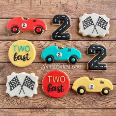 decorated cookies with cars and numbers for two fast 2, 3, 4, 5