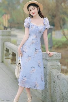 Blue Dress Aesthetic, Soft Blue Dress, Cottagecore Lifestyle, Witchy Academia, Cottage Fairy, Fairycore Dress, Romantic Blue, Deer Doll, Cottage Witch