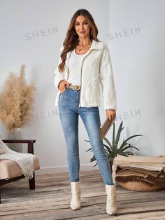 Placket:Zipper \nStyle:Casual \nDetails:Pocket \nNeckline:Collar \nDetails:Zipper \nType:Teddy \nSleeve Type:Drop Shoulder \nColor:Beige \nPattern Type:Plain \nSleeve Length:Long Sleeve \nLength:Regular \nFit Type:Loose \nFabric:Non-Stretch \nMaterial:Knitted Fabric \nComposition:100% Polyester \nCare Instructions:Machine wash, do not dry clean \nLined For Added Warmth:No \nTemperature:Late Fall (10-17℃/50-63℉) \nPockets:Yes \nSheer:No \nBody:Unlined \n Women Coats, Late Fall, Women's Casual, Drop Shoulder, Color Block, Casual Women, Knitted Fabric, Everyday Wear, Dry Clean