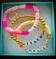 Teachers will love this personalized bracelet! Give as a gift for first day of school, last day of school, conferences, holidays or just because teachers are the best!! This is a handmade customizable item. You can customize with teachers favorite colors and first initial of last name. Personalized Multicolor Bracelets For School, Personalized Multicolor Jewelry For Teacher Appreciation, Multicolor Adjustable Jewelry For Teacher Appreciation, Personalized Multicolor Beaded Bracelets For School, Personalized Adjustable Bracelets For Teacher Appreciation, Personalized Adjustable Bracelet For Teacher Appreciation, Personalized Pink Bracelets For School, Customizable Adjustable Jewelry For School, Personalized Pink Name Bracelet